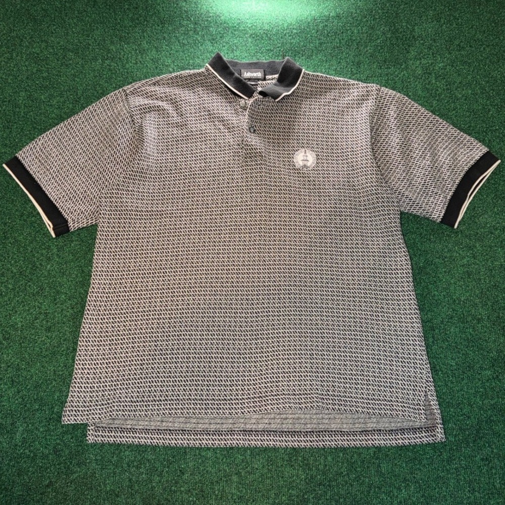Ashworth Mens Black White Geometric Knit Cotton Polo Shirt Medium Lighthouse